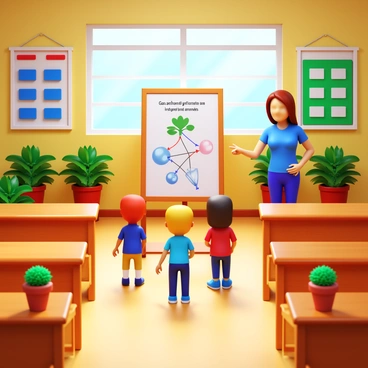A classroom filled with wooden desks and colorful posters on the walls. In the center, a group of children stands in front of a large poster displaying a diagram of "gas exchange in plants and animals." One child points to a section of the diagram while the others listen attentively. The classroom has sunlight streaming through the windows, casting soft shadows on the floor. A teacher stands at the side with a supportive expression, watching the presentation. Several potted plants are placed around the room, adding a touch of greenery to the scene.