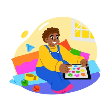 A toddler giggling while interacting with a colorful educational app on a tablet