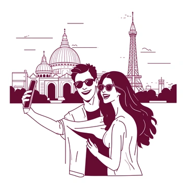A couple stands closely together, smiling as they take a selfie. The woman, with long flowing hair, holds the smartphone at arm's length. The man, with short hair and wearing sunglasses, leans slightly towards her, both appearing excited. Behind them, a famous landmark is prominently featured, its intricate architecture detailed and recognizable. The sky above is clear, adding to the vibrant atmosphere of their vacation.