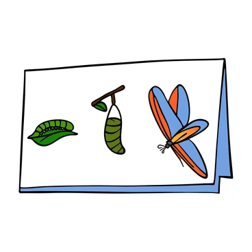 A card showing the transformation of a caterpillar into a majestic butterfly