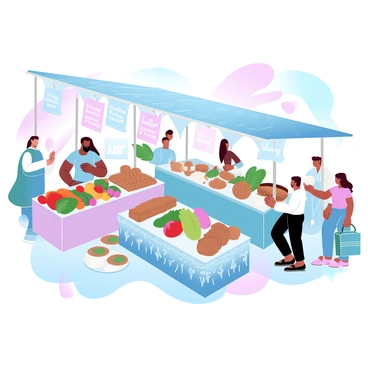 A lively local market scene where vendors showcase traditional foods and crafts from their culture.