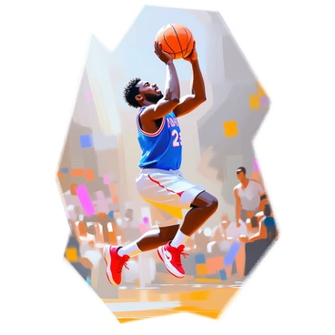 A basketball player with dark skin is captured mid-air at the peak of an impressive jump. He is wearing a blue jersey with the number "23" on it and white shorts. His sneakers are a bright red, contrasting with his jersey. The player has a focused expression on his face as he reaches for the basketball above him with both hands. His hair is styled in short curls, and the background suggests a basketball court with blurred spectators in the stands, emphasizing the action of the jump. The player's muscles are tensed, showcasing his athletic physique as he hangs gracefully in the air.