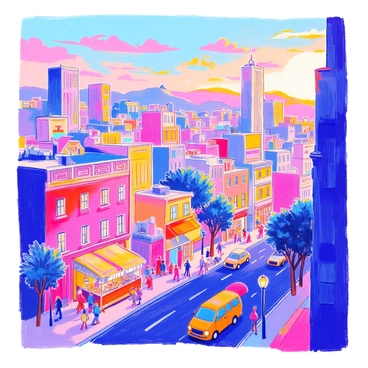 A bustling cityscape features a variety of buildings with geometric shapes, including skyscrapers of different heights and smaller structures. The setting sun casts warm orange and pink hues across the sky, creating a gradient effect. There are silhouettes of trees interspersed among the buildings, and small vehicles can be seen on the streets below. People are walking on the sidewalks, and some are gathered near a colorful street market. Streetlights are beginning to glow softly as the evening approaches.