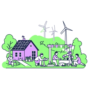 A vibrant eco-friendly village is set in a lush landscape. In the foreground, several solar panels are mounted on rooftops, reflecting sunlight. Nearby, tall wind turbines are spinning gently in the breeze, located on a hill in the background. Community members are engaged in various activities; some are tending to a community garden filled with green plants and vegetables, while others are gathered around a table for an outdoor workshop under a pergola. Children play in a nearby grassy area, and colorful banners are hanging between trees, enhancing the atmosphere of collaboration and sustainability.