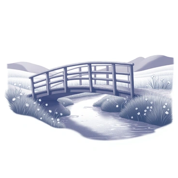 A quaint wooden bridge spans across a gentle stream. The bridge has a rustic design with railings made of logs. The stream flows calmly beneath, with ripples and reflections on the water's surface. Surrounding the bridge, lush greenery lines the banks, with tall grasses and wildflowers adding texture to the scene. In the background, rolling hills rise gently against the horizon, adding depth to the rural landscape. The sky above is clear, enhancing the tranquil atmosphere of the setting.