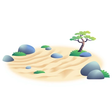 A zen garden is depicted with meticulously raked sand patterns that create a gradient effect transitioning from light to dark. The light sand at the top of the scene gradually blends into darker shades towards the bottom. Several carefully placed smooth stones are scattered throughout the garden, adding texture and contrast to the sandy landscape. Small patches of moss are visible, providing a rich green color against the neutral tones of the sand. In one corner, a delicate bonsai tree with twisted branches is positioned, enhancing the serene atmosphere of the garden.