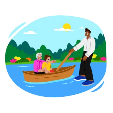 A servant wearing a white shirt and black pants is gently assisting guests as they step onto a small, wooden rowboat. The boat is anchored on a calm lake with clear blue water, surrounded by lush green trees and colorful flowers along the shore. The sun is shining brightly, creating reflections on the water's surface. The guests are smiling and dressed in light, casual clothing. The servant is reaching out a hand to help an elderly guest, while a younger guest is already seated in the boat, looking excited.