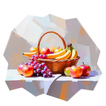 A classic still life scene of a fruit basket with dramatic lighting