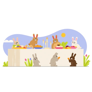 A long wooden table set outdoors under a clear blue sky. The table is covered with a white tablecloth and adorned with colorful dishes filled with various foods such as fruits, vegetables, and bread. There are decorative candles in the center of the table. Surrounding the table are several cute bunny guests of different colors, including brown, white, and gray. Some bunnies are sitting on their hind legs, curiously looking at the food, while others are nibbling on carrots and lettuce. A few flowers and green grass can be seen in the background, completing the festive atmosphere.