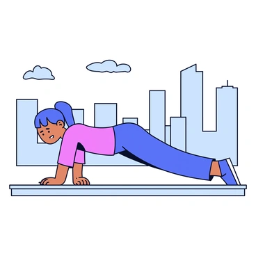 A fitness enthusiast in athletic wear is performing a plank position on a rooftop. The individual is focused and steady, with arms extended and toes pointed. The rooftop is surrounded by a low wall for safety. In the background, a city skyline with tall buildings and a few clouds in the sky can be seen, highlighting a modern urban environment.