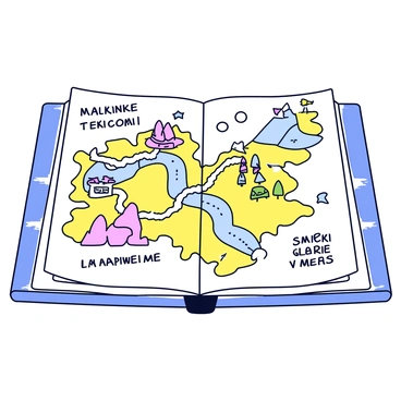 An illustrated map displayed on the endpapers of a book. The map features various terrains including mountains, rivers, and forests. There are marked paths leading to key locations such as a castle, a hidden treasure spot, and a village. Small icons represent characters and creatures that might be encountered. The border of the map is decorated with whimsical designs, and the colors are bright and inviting. Text labels are clear, indicating important places with playful typography.