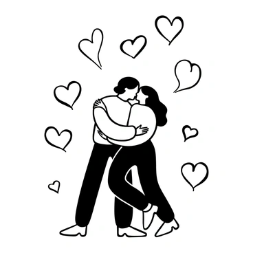 Two figures in a warm embrace, with their arms wrapped around each other closely. They are standing in a dynamic pose, creating a sense of connection and tenderness. Surrounding them are multiple glowing hearts in various sizes, radiating a soft light. The figures are depicted with flowing garments, enhancing the feeling of intimacy, and the hearts create a frame around them, emphasizing their bond.
