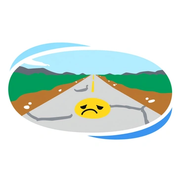 A long, empty road stretches into the distance, flanked by sparse vegetation on either side. The pavement features a large, "sad face" painted in the center, with downturned eyes and a frown that evokes a sense of solitude. The sky above is overcast, enhancing the somber atmosphere of the scene. The road appears cracked and worn, emphasizing the feeling of a "lonely journey." A few scattered pebbles lie along the edges of the road, contributing to the desolate setting.