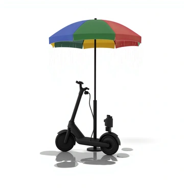 A Segway with a sleek design and a black frame is parked under a large, colorful canopy that provides shelter from the rain. The canopy is made of water-resistant material and has vibrant patterns. The Segway is connected to a charging station with a power cord plugged into its port. Raindrops are visibly falling from the canopy, creating small splashes on the ground. Puddles are forming around the wheels of the Segway, reflecting the colors of the canopy above. The scene is filled with a soft, diffused light due to the cloudy weather, enhancing the rainy day atmosphere.