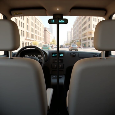 The interior of a city taxi, featuring a black driver's partition separating the front and back seats. The taxi meter is visible on the dashboard, displaying numbers that indicate the fare. The seats are upholstered in gray fabric, and there are seatbelts for safety. Through the windshield, an urban view is visible, showcasing tall buildings, bustling streets, and traffic with cars and pedestrians. The lighting inside the taxi is warm, highlighting the detail in the materials and fixtures.