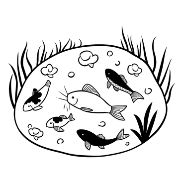 A catfish swimming gracefully in a pond, surrounded by multiple koi fish of various sizes and shapes. The koi fish are depicted with distinct patterns and fins, flowing gently through the water. The pond includes lily pads floating on the surface, with ripples extending outward from the movements of the fish. Tall grasses and reeds border the pond, creating a natural habitat scene. The catfish has a smooth body, with whiskers extending from its face, complementing the dynamic movement of the koi fish around it.