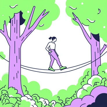 A tightrope walker carefully stepping across a rope stretched between two giant trees in a dense forest