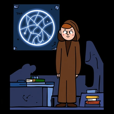 A Jedi with light skin and short brown hair stands in a dimly lit room, focused intently on a hologram. The hologram displays a detailed star map, glowing bright with intricate lines and constellations. The Jedi is wearing a brown robe with a hood pulled back, revealing a determined expression on their face. Soft light from the hologram casts a gentle glow on their features, illuminating their big eyes. Surrounding the Jedi are shadowy outlines of ancient artifacts and books, hinting at a space filled with knowledge and history.
