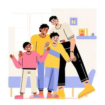 A family of four, consisting of two parents and two children, is standing in a cozy living room. The parents, a mother and father, are leaning down with warm smiles, embracing their child, who looks relieved and happy. The child has short hair and is wearing a colorful t-shirt. The room is filled with light coming through a window, and there are family photos on the walls. A soft rug lies on the floor, adding to the warmth of the scene. The atmosphere is filled with love and support, capturing a moment of acceptance and joy.