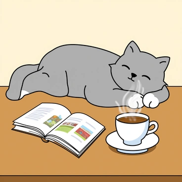 A fluffy gray cat with white paws is lounging comfortably on a wooden table. The cat is lying on its side, with its eyes half-closed, exuding a relaxed demeanor. Next to the cat sits a steaming white cup of tea, with wisps of steam gently rising into the air. The cup is positioned on a small saucer. Beside the cup, there is an open book, its pages slightly curled and revealing colorful illustrations. The table's surface has a warm, polished finish that reflects the soft light in the room.