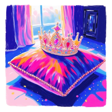 An ornate vintage tiara is placed delicately on a rich, dark velvet cushion. The tiara features intricate designs with sparkling jewels that catch the faint light. The background reveals a dimly lit room with soft shadows, enhancing the luxurious aura of the scene. The cushion's texture is plush, adding a sense of depth to the display. Subtle details of the tiara's craftsmanship are visible, showcasing its delicate filigree work and the shimmering facets of the stones.
