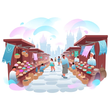 An ancient marketplace bustling with activity. Several merchants are engaged in trading colorful spices displayed in woven baskets. Textiles of various patterns and hues hang from wooden stalls, billowing gently in the breeze. Customers are browsing the goods, examining vibrant fabrics and aromatic spices. In the background, a stone path leads to towering ancient structures, with vibrant banners fluttering overhead. The sky is filled with soft pastel colors, casting a warm glow over the scene.