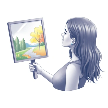 A woman with flowing hair is holding a handheld mirror in her hand. The mirror's surface reflects a vibrant landscape illustrating the four seasons. On one side, lush green fields represent spring, while the other side depicts bright yellow leaves of autumn. The central area of the mirror shows winter's snow-covered ground, and vibrant summer blooms fill the remaining space. The woman gazes into the mirror, her facial expression revealing fascination as she admires the changing scenes before her.