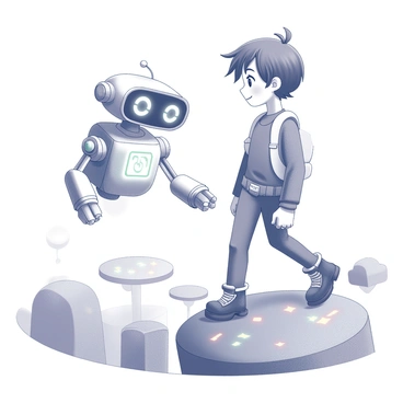 A small robot with a rounded body and expressive eyes is hovering beside a young adventurer. The robot has mechanical limbs and a bright, cheerful design, showcasing its friendly nature. The young adventurer is wearing a futuristic outfit that includes a utility belt and sleek boots. The adventurer's hair is tousled, suggesting a sense of exploration. They are standing on a landscape that features floating platforms and digital elements like glowing icons and pixelated trees, embodying a digital world. The atmosphere is vibrant and energetic, reflecting the excitement of the adventure.