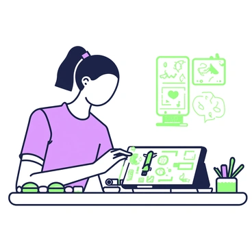 A flat illustration artist working on a tablet, with vibrant colors and designs appearing on the screen.