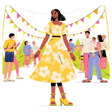 A model standing confidently in a vibrant outdoor setting, wearing a dress featuring a colorful print of "calendula flowers" in shades of yellow and orange. The dress flows elegantly as the model poses amidst a lively summer festival backdrop. Surrounding the model are cheerful festival decorations, such as colorful banners and strings of lights. Attendees in the background engage in various activities, showcasing a festive atmosphere filled with joy and celebration.