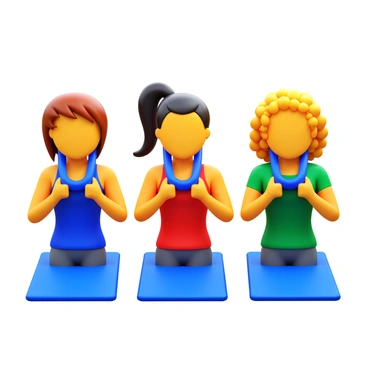 A small group of three friends performing face pulls in a bright fitness class. Each person is focused and engaged in the exercise. One friend has short brown hair wearing a blue tank top, another has long black hair in a ponytail wearing a red athletic shirt, and the third has curly blonde hair sporting a green t-shirt. They are using resistance bands, pulling them towards their faces while standing in a line. The background features exercise mats and gym equipment arranged neatly. The atmosphere shows motivation and teamwork.