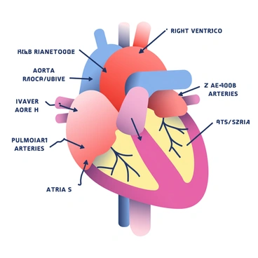 A detailed diagram of the human heart is shown in the center of the image. The heart is depicted in a realistic manner, showcasing its structure clearly. The left and right ventricles are labeled with arrows pointing to each chamber. Major arteries, such as the aorta and pulmonary arteries, are also clearly labeled with corresponding arrows. The diagram includes various colors to differentiate between the chambers and arteries for better visual understanding. Additional labels identify important parts like the atria and valves, enhancing the educational aspect of the diagram.