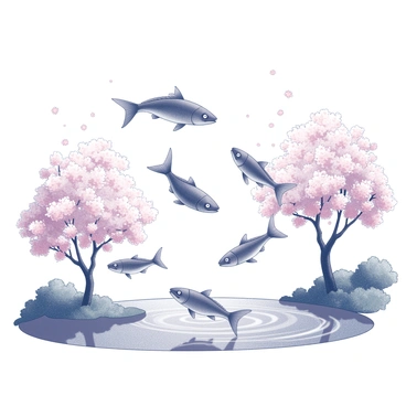A group of fish soaring gracefully through the air, their fins extended as they glide effortlessly. Below them, cherry blossom trees are adorned with full, vibrant blooms, their delicate petals gently falling like snowflakes. The scene captures a tranquil pond reflecting the blossoms above, with ripples formed by small waves created by the fish's movement. The surrounding landscape features lush greenery, creating a harmonious connection between the fish, the blossoms, and the pond.