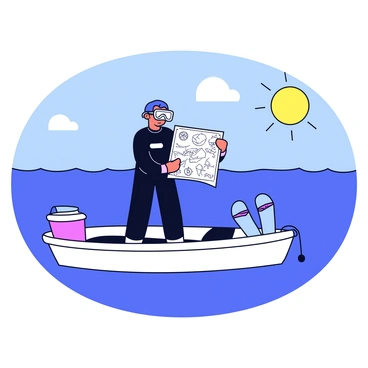 A diver is standing on a boat, examining a detailed marine chart. The diver is wearing a black wetsuit and has a dive mask resting on their forehead. In one hand, they hold the marine chart, which displays various underwater features and symbols. The boat has a smooth surface and is equipped with a small cooler and a pair of diving fins. The ocean water surrounding the boat is a clear blue, with gentle waves visible in the background. The sky above is bright and sunny, creating a vibrant atmosphere.