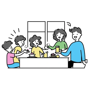 A family of four gathered around a wooden kitchen table. The table is set with a white tablecloth and colorful plates filled with pancakes, fruits, and a pitcher of orange juice. The father, wearing a blue shirt, is smiling as he pours juice into glasses. The mother, in a green blouse, is passing a bowl of fresh berries to their daughter, who has curly hair and is wearing a yellow dress. The son, wearing a red t-shirt, is reaching for a stack of pancakes. Sunlight streams through the window, casting soft shadows on the table.