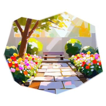 A tranquil garden with neatly arranged plants and a path leading to a calm seating area.