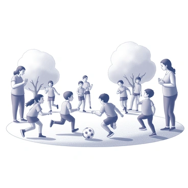 A group of children is engaged in a friendly game of football on a grassy field. They are running and kicking the ball, displaying excitement and energy. Surrounding the play area, several parents are standing and cheering, showing support and encouragement. In the background, trees with varying shapes and sizes are present, providing a lively atmosphere. The scene captures the joy of childhood and community interaction in a park setting.