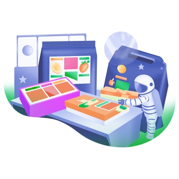 A modern pastel illustration featuring several packages of space food that were eaten by Apollo astronauts. The packages are designed in vibrant colors, showcasing labels with images of the food items inside, such as fruit, meats, and desserts. Each package is arranged on a sleek table, with a backdrop of a starry space scene, hinting at the adventurous journey of space exploration. There is a small astronaut figure next to the packages, appearing to examine the food with curiosity.