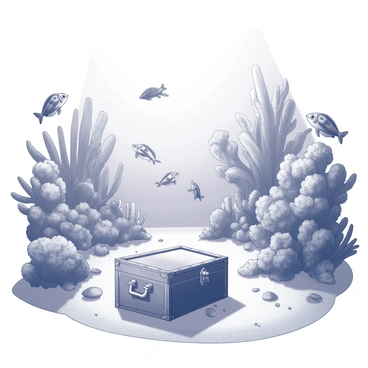 A mystical underwater scene featuring an intricate arrangement of coral reefs. The coral formations are diverse, showcasing various textures and shapes. Numerous exotic fish of different sizes and patterns are swimming among the corals, their movements creating dynamic interactions within the scene. In the foreground, a detailed sunken treasure chest rests on the sandy ocean floor, partially covered by marine growth, suggesting it has been there for some time. Sunlight filters down from the surface, illuminating the surroundings and casting patterns across the ocean bed.