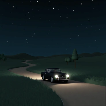 A sleek black car, with its headlights on, is driving away on a narrow dirt road. The road winds through a quiet countryside landscape, surrounded by lush green fields and tall grass. The night sky is filled with bright stars that twinkle against the dark backdrop, illuminating the scene softly. A gentle breeze rustles the leaves of nearby trees, adding to the tranquil atmosphere. In the distance, there are faint outlines of rolling hills under the starry sky.