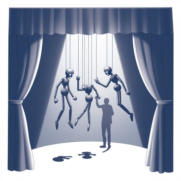 A dimly lit stage with heavy, dark curtains drawn back to reveal a sinister puppet show. Several marionettes are suspended from strings, their wooden limbs moving in an eerie manner. The puppets have exaggerated features, with wide eyes and twisted smiles that create a sense of unease. Shadows flicker across the stage, enhancing the ominous atmosphere as a solitary spotlight highlights the action. In the background, the silhouette of a puppeteer is faintly visible, manipulating the strings with a delicate yet sinister precision.