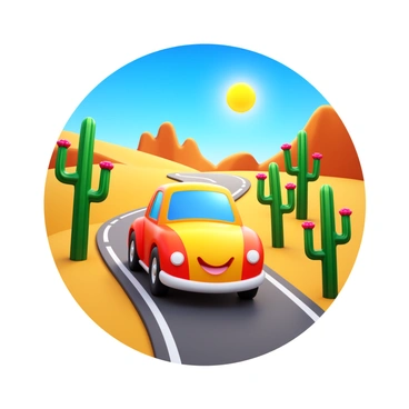 A cheerful 3D cartoon car with bright colors and a smiling face is driving down a winding desert road. The road is lined with tall cacti on both sides, some with flowers blooming. The sun shines brightly in a clear blue sky, casting playful shadows on the road. The landscape features sandy dunes and rocky formations in the distance.