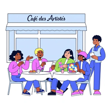 A Paris café with small round tables set outside under a blue sky. Each table has a white tablecloth, a small vase with a single flower, and plates of colorful pastries. A group of four artists is gathered around one table. One artist, a woman with curly hair, is gesturing animatedly while holding a sketchbook. Next to her, a man with a beret is leaning in, listening intently. Across from them, another woman is painting on a small canvas, her palette filled with vibrant colors. The café's sign reads "Café des Artistes" in elegant lettering. Nearby, a waiter carries a tray of steaming coffee cups.