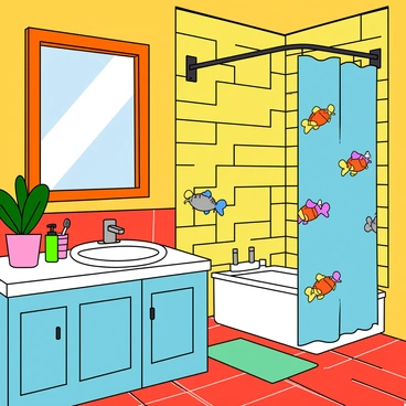 A brightly colored bathroom with bold tiles and cheerful accessories.