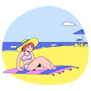A beach scene with soft golden sand stretching along the shoreline. In the foreground, a woman is sitting on a colorful beach towel. She is wearing a wide-brimmed sun hat and a patterned bikini top. The sunlight casts warm rays, illuminating her relaxed posture as she enjoys the sunny day. In the background, gentle waves lap at the shore, and a few beach umbrellas can be seen. The sky is clear with a few fluffy white clouds.