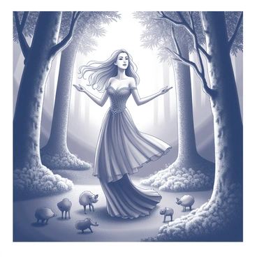 A figure representing "Queen Mab" stands gracefully among the trees in a dense forest. She has flowing hair and wears an intricately designed gown that drapes elegantly to the ground. Her arms are raised, and her lips are slightly parted as if engaged in song. Soft, ethereal light appears to emanate from her, illuminating the surrounding foliage. The trees around her are tall and ancient, with gnarled branches and dense leaves. Small woodland creatures gather at her feet, captivated by her voice. The atmosphere is filled with an enchanting aura as the sound of her song seems to resonate and echo through the forest.
