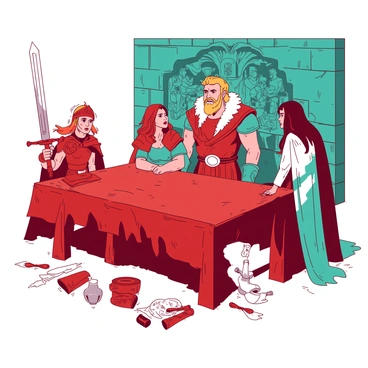 A red and teal illustration features a group of legendary heroes gathered around a large ancient stone table. Each hero displays unique characteristics: one is a tall warrior with a gleaming silver sword, another wears intricate armor adorned with mythical symbols, and a third has long flowing hair with a vibrant cloak. Behind them, an intricately carved stone wall depicts scenes from their epic battles. The atmosphere is filled with tension as they discuss their next adventure, with expressions of determination on their faces. The ground is scattered with ancient scrolls and shining artifacts that hint at their previous triumphs.
