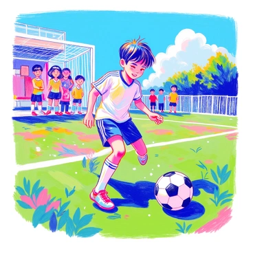 A young boy with short, dark hair is playing soccer in a vibrant green field. He is wearing a white jersey with blue accents and black shorts. The boy is skillfully dribbling a black and white soccer ball with both feet, showcasing impressive agility. Behind him, there is a group of children watching in admiration, with smiles on their faces. In the background, a clear blue sky and a few fluffy white clouds add to the cheerful atmosphere. The scene captures the boy's intense focus and determination as he prepares to take a shot at the goal.