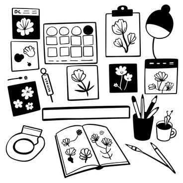 An illustrator's desk filled with various cyclamen reference images displayed prominently. There are multiple color palettes arranged neatly, showcasing different shades and hues inspired by the cyclamen flowers. A sketchbook lies open with delicate pencil drawings of cyclamen plants. Art supplies, including brushes and pens, are scattered around the desk, alongside a cup holding several pencils. A soft light casts gentle shadows over the workspace, emphasizing the organized chaos of creativity.
