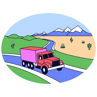 A transport truck in a vibrant shade of red is driving along a winding road. The truck has a large cargo area and distinctive headlights. On one side of the road, there are rolling green hills dotted with wildflowers. On the other side, a flat desert landscape stretches out, with sparse cacti and a bright blue sky overhead. In the background, snow-capped mountains rise majestically against the horizon. The scene captures the essence of a cross-country trip, showcasing the diverse landscapes encountered along the journey.